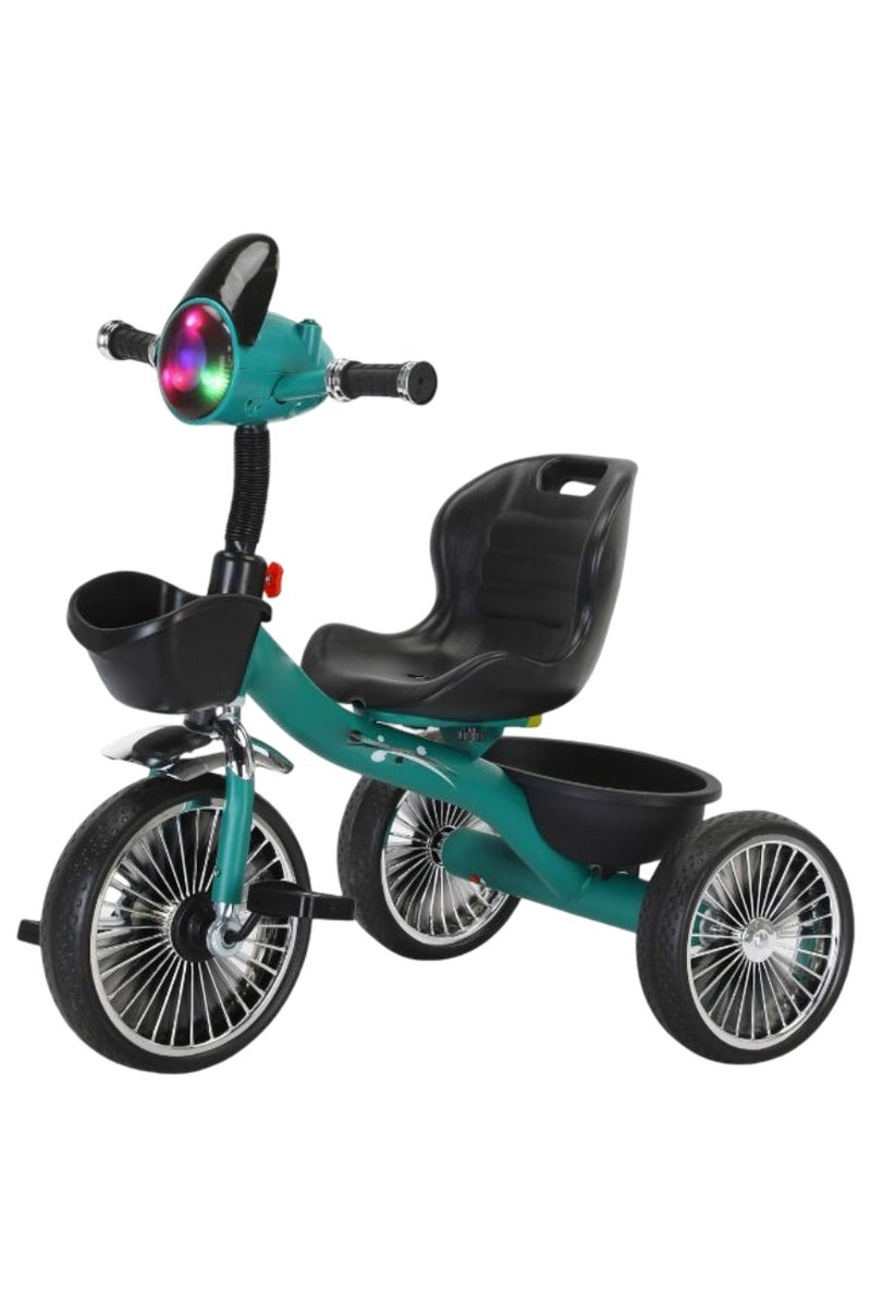 Green Kids' Tricycle with LED Light  Backrest Seat – Toddler Ride-On Bike with Baskets  Music - Image 1