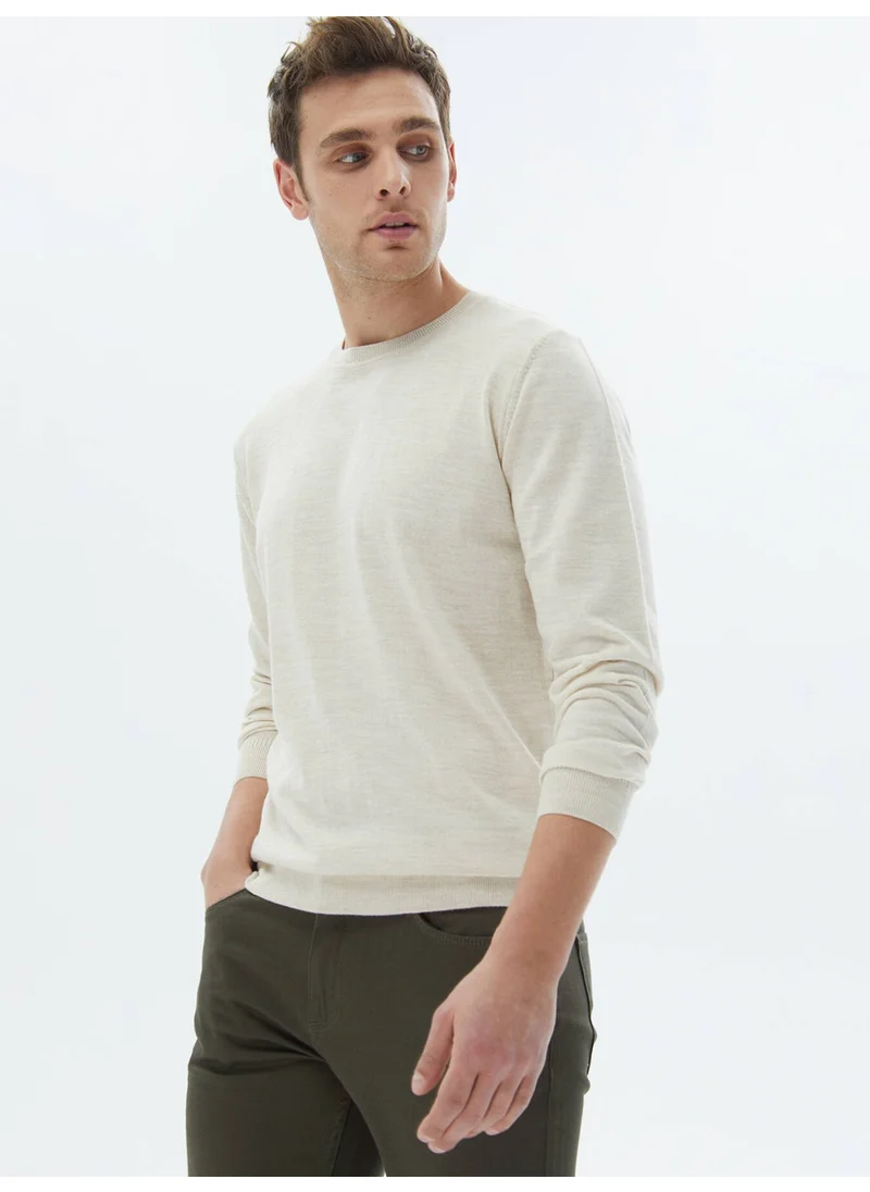 Kip Beige Crew Neck Plain Knit Wool Blend Sweater