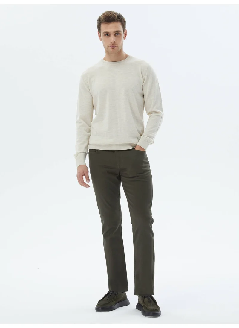 Kip Beige Crew Neck Plain Knit Wool Blend Sweater