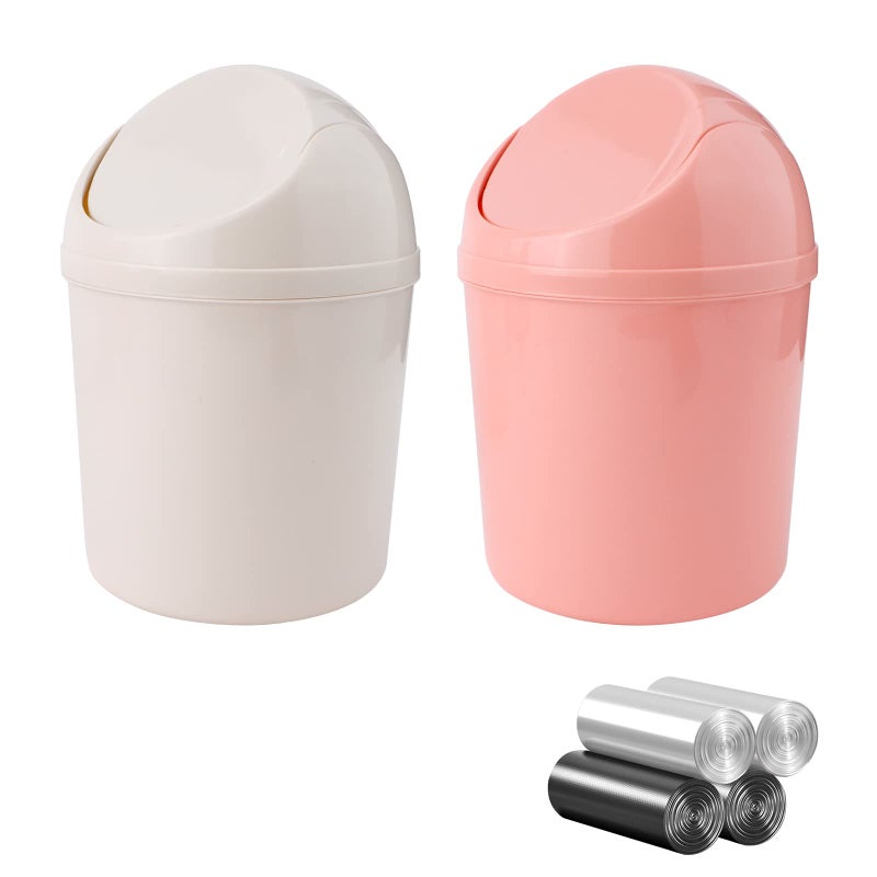 SITAKE 2 Pcs Plastic Mini Wastebasket Trash Can with Swing Lid with 120 Trash Bags, Tiny Desktop Waste Garbage Bin for Home, Office, Kitchen, Vanity Tabletop, Bedroom, Bathroom (Pink + Beige) - Image 1