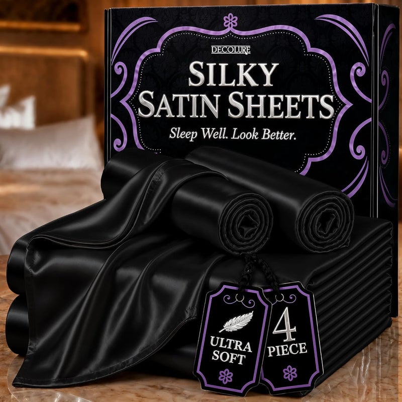 DECOLURE Satin Sheets Full Size Bed (4 Pieces, 8 Colors) - Silky Satin Sheet Set with 2 Pillowcases, Fitted Sheet - Black Satin Sheets - Image 2