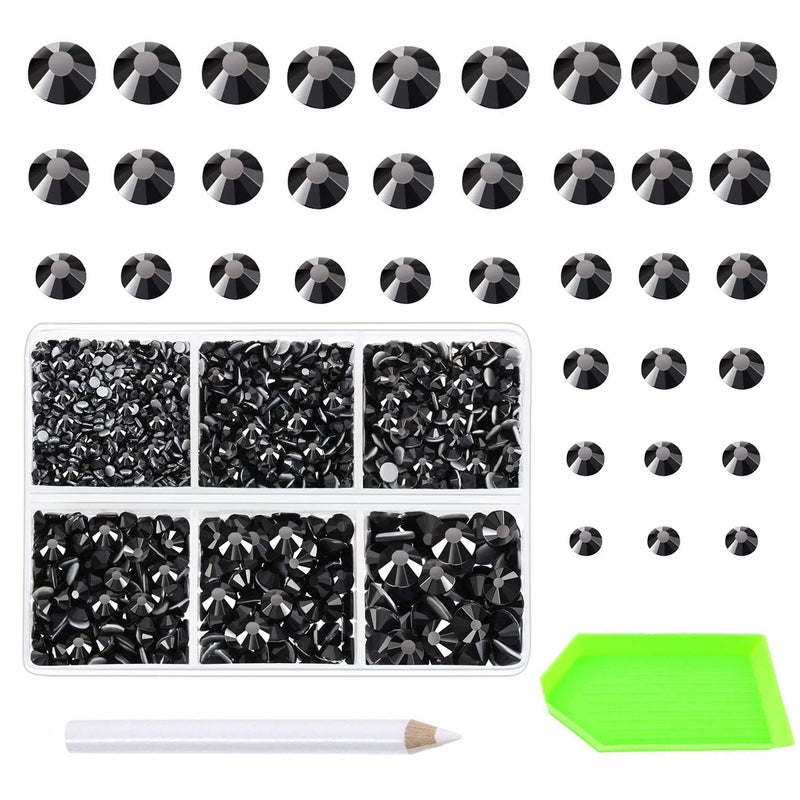 AD Beads 4500 Pieces Hotfix Rhinestones Flat Back 6 Sizes 26 mm Crystal Round Glass Gems with Tweezers and Picking Rhinestones Pen or Crafts Nail Face Art Bags Clothes Shoes DIY Black