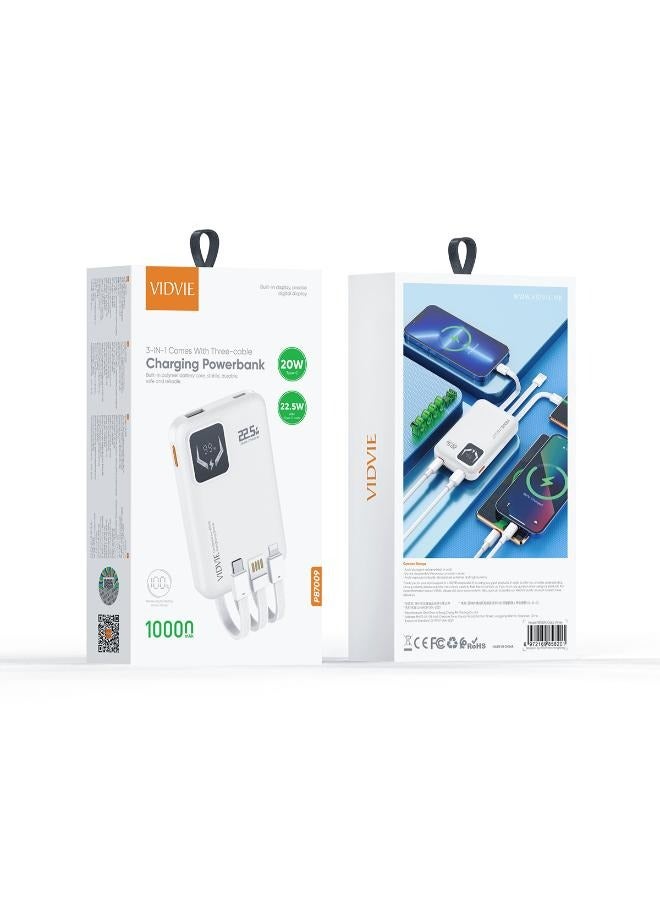 فيدفي باور بانك بقوة ٢٢.٥ واط مساحه ١٠٠٠٠ ملي امبير مدمج معه 3  كابل تايب سي واخر لايتنج و يو اس بي ومزود بشاشة رقمية- ابيض - Image 2