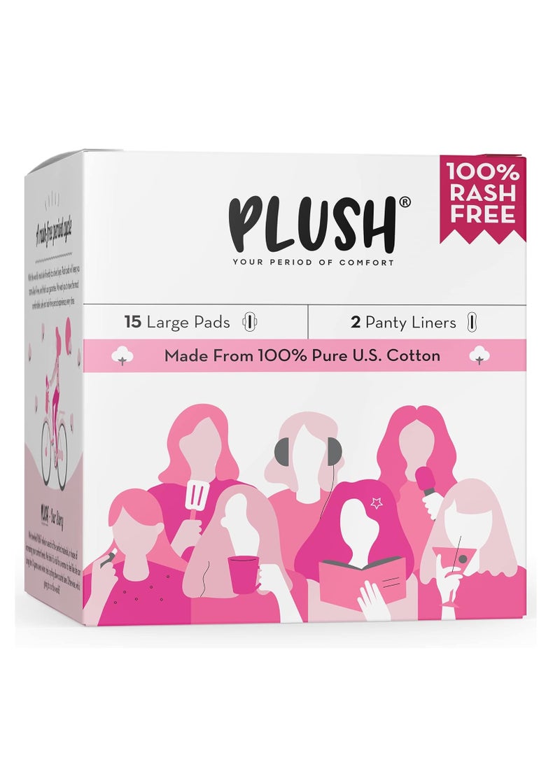 Plush Plush Ultra-Thin Large Sanitary Pads for Women, 15 Pcs | For Light-Medium Flow | 2 Panty Liners | 100% Rash-Free | Pure U.S. Cotton Pads | Affordable Sanitary Pads  - Image 1