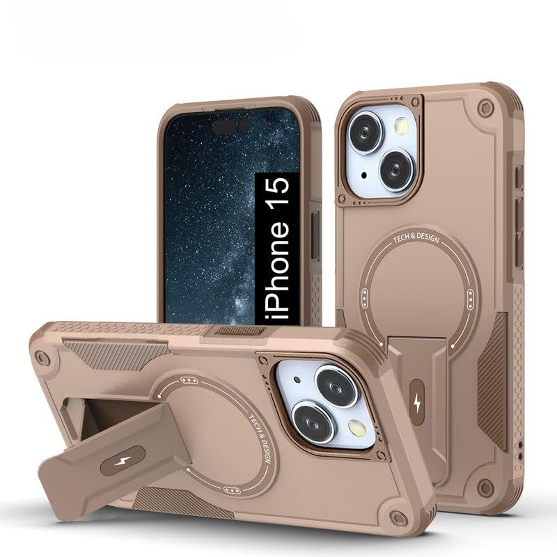 US LITE Back Cover for iPhone 15 with Portable Kickstand | Mag-Safe Compatible Magnetic Case | Shockproof Military Grade Protection | Extreme Protection Phone Cover – Bronze - Image 1