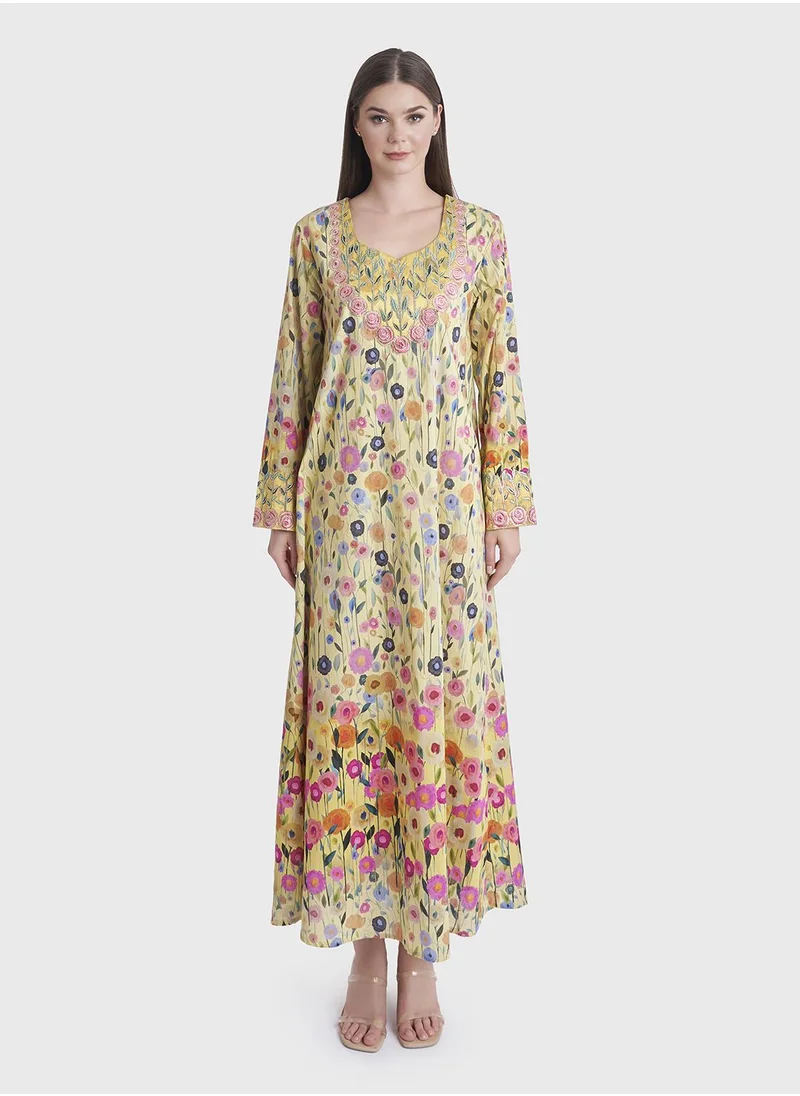 KASHKHA Digital Flower Print Mukhawar Stonework Jalabiya