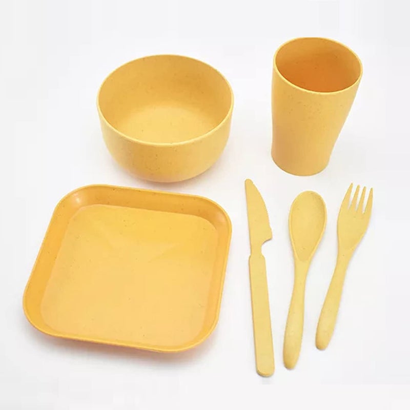 MEZON Wheat Straw Dinnerware Sets of 6 PCs Unbreakable and Lightweight Serving Bowl Cup Plate Fork Spoon Knife Microwave Dishwasher Safe Dish Bowl for Kids Picnic Camping Multicolor 1 Set - Image 3