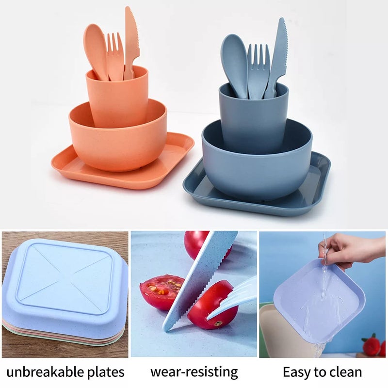 MEZON Wheat Straw Dinnerware Sets of 6 PCs Unbreakable and Lightweight Serving Bowl Cup Plate Fork Spoon Knife Microwave Dishwasher Safe Dish Bowl for Kids Picnic Camping Multicolor 1 Set - Image 4