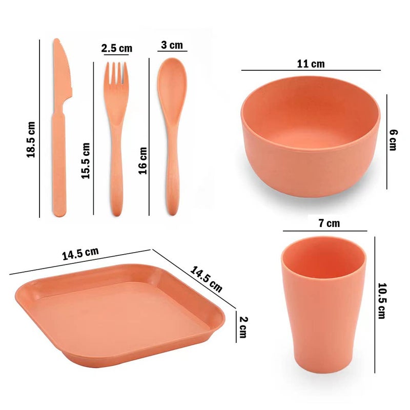 MEZON Wheat Straw Dinnerware Sets of 6 PCs Unbreakable and Lightweight Serving Bowl Cup Plate Fork Spoon Knife Microwave Dishwasher Safe Dish Bowl for Kids Picnic Camping Multicolor 1 Set - Image 2
