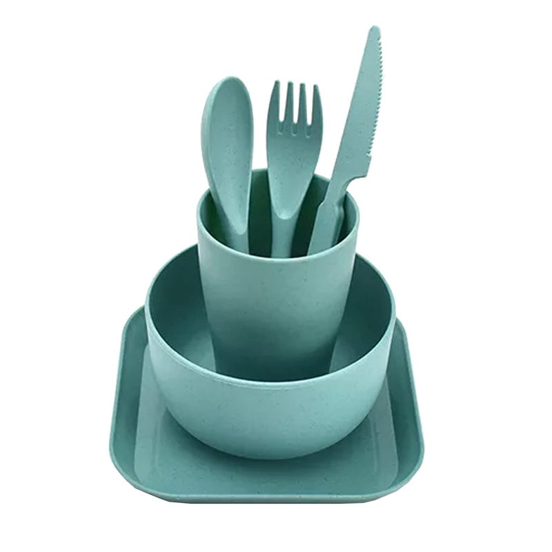 MEZON Wheat Straw Dinnerware Sets of 6 PCs Unbreakable and Lightweight Serving Bowl Cup Plate Fork Spoon Knife Microwave Dishwasher Safe Dish Bowl for Kids Picnic Camping Multicolor 1 Set - Image 1