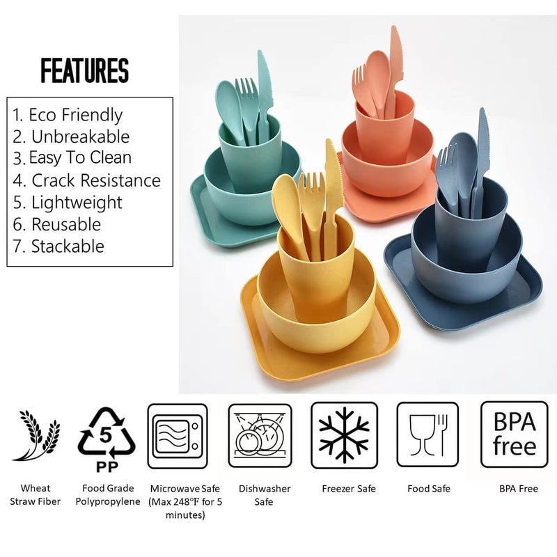 MEZON Wheat Straw Dinnerware Sets of 6 PCs Unbreakable and Lightweight Serving Bowl Cup Plate Fork Spoon Knife Microwave Dishwasher Safe Dish Bowl for Kids Picnic Camping Multicolor 1 Set - Image 5