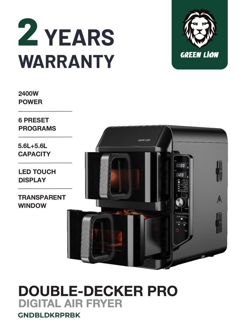 GREEN LION Double Decker Pro Digital Air Fryer Dual 11.2 Capacity with Rapid Air Circulation & Non Stick Coating / LED Touch Display / 5.6+5.6L Capacity / Stacked Meal Rack / Transparent Window AirFryer / 6 Preset Cooking Programs - Black - Image 1