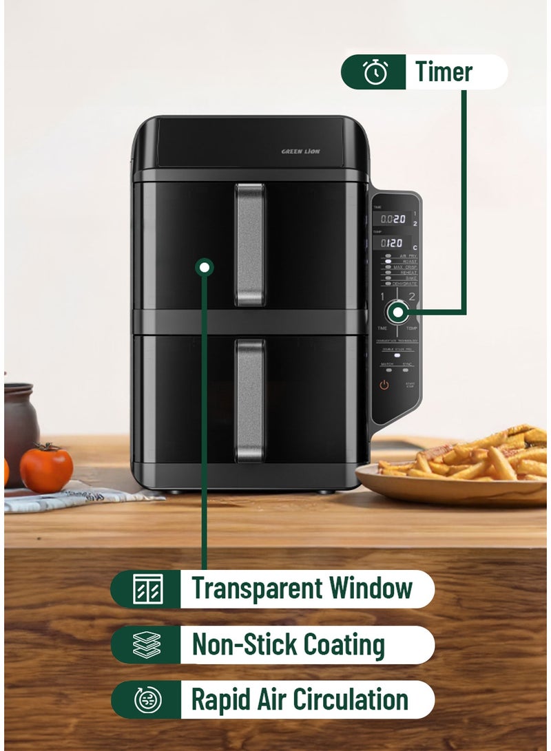 GREEN LION Double Decker Pro Digital Air Fryer Dual 11.2 Capacity with Rapid Air Circulation & Non Stick Coating / LED Touch Display / 5.6+5.6L Capacity / Stacked Meal Rack / Transparent Window AirFryer / 6 Preset Cooking Programs - Black - Image 5