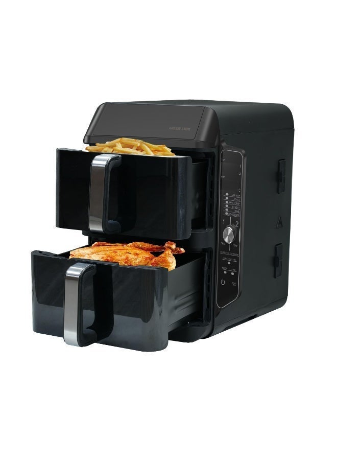 جرين ليون قلاية هوائية رقمية Double Decker Pro سعة مزدوجة 11.2 لتر مع دوران الهواء السريع وطبقة غير لاصقة، شاشة لمس LED، سعة 5.6+5.6 لتر، رف طعام مكدس، نافذة شفافة، 6 برامج طبخ مسبقة - أسود - Image 1