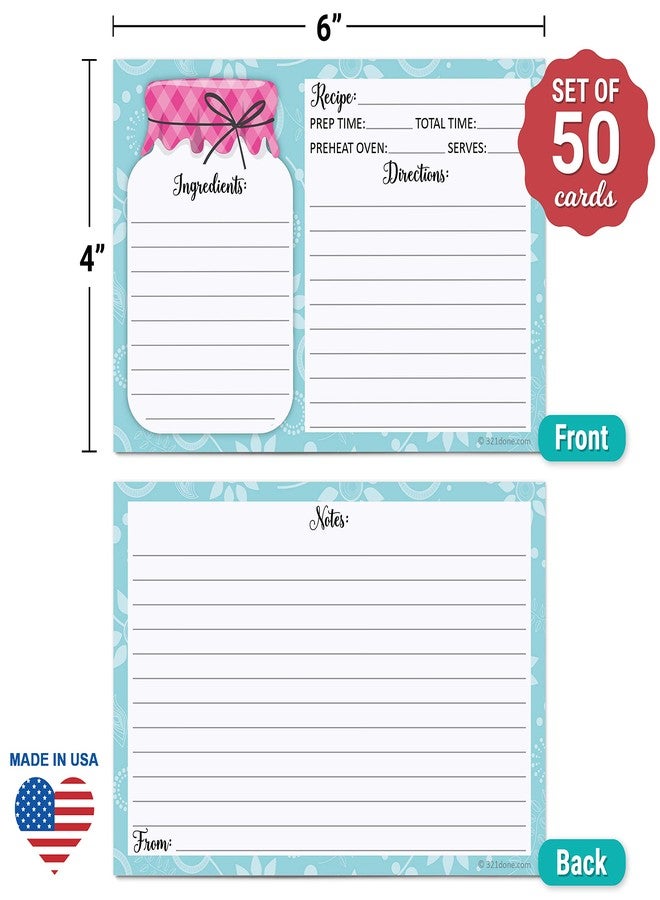 321Done 4x6 Recipe Cards (Set of 50) - Mason Jar - Thick Double Sided Premium Card Stock - Made in USA - Rustic Pink and Teal, Large Notes From - Image 4