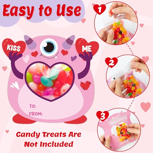 TICIAGA 50 Set Happy Valentines Day Monster Shape Candy Holder Greeting Cards, Funny Monster DIY Exchange Gifts for School Classroom Prize Goodies Bag Filler Home Project Party Supplies - Image 3