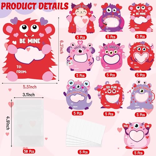 TICIAGA 50 Set Happy Valentines Day Monster Shape Candy Holder Greeting Cards, Funny Monster DIY Exchange Gifts for School Classroom Prize Goodies Bag Filler Home Project Party Supplies - Image 2