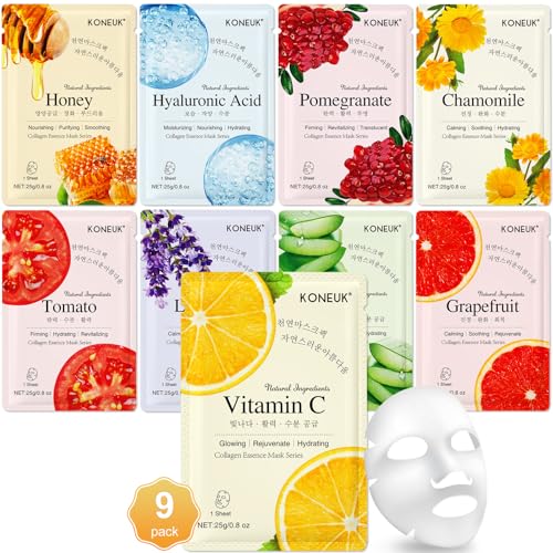 KONEUK 9 Pack Collagen Face Masks Skincare for Women, Hydrating Sheet Face Masks Suitable for All Skin Types, Bulk Facial Masks for Women Skin Care, Face Mask Gifts Set for Spa Party - Image 1