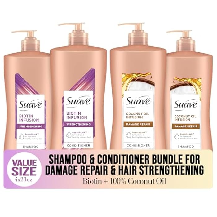 Suave Shampoo and Conditioner Set, Coconut Oil Infusion + Biotin Infusion – Hair Repair & Strengthening Hair Care Bundle, 28 Oz Ea (4 Piece Set) - Image 1