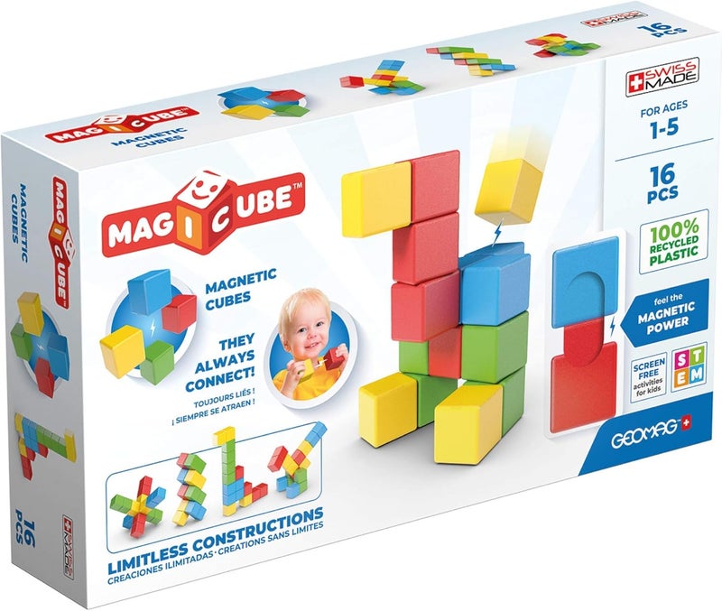 GEOMAG Magicube FullColor STEM & Educational Magnetic Construction Toy - Made in Switzerland, 100% Recycled Plastic, Open Ended, 1yr+, 16pcs - Image 1