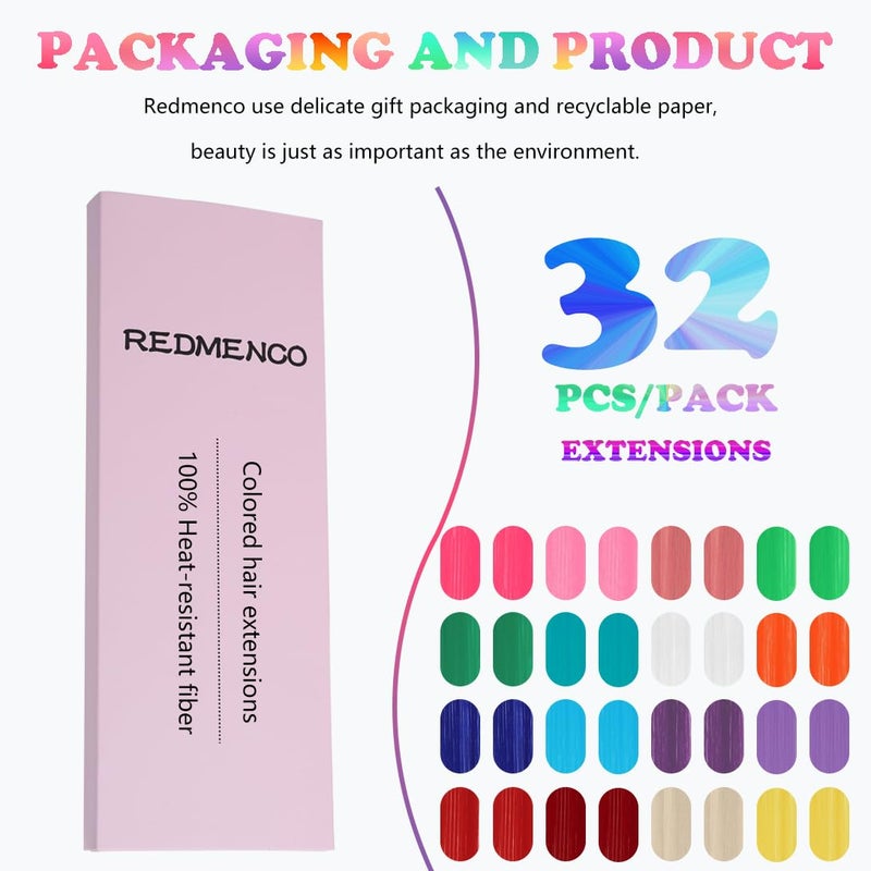 REDMENCO Colored Hair Extensions Clip In, 32 Pieces, Multi-Color - Image 2