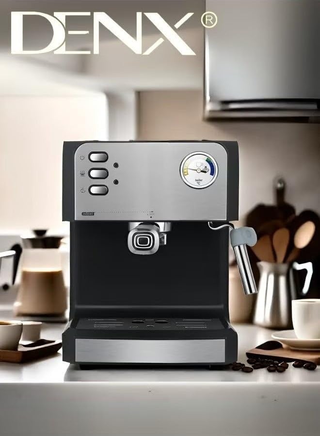 دينكس ماكينة قهوة إسبريسو DENX DX2093 - قدرة 850 واط، خزان بسعة 1.6 لتر، جهاز رغوة الحليب وعصا البخار، قرص تحكم تناظري بدرجة الحرارة، هيكل من الفولاذ المقاوم للصدأ، لتحضير الكابتشينو واللاتيه في المنزل. - Image 3