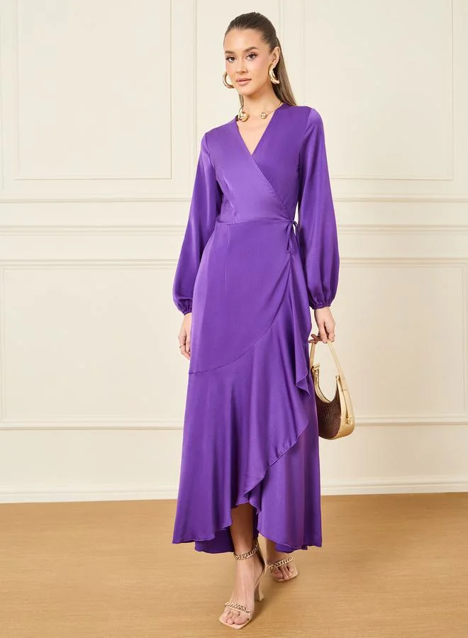 Styli Satin Frill Hem Wrap Maxi Dress
