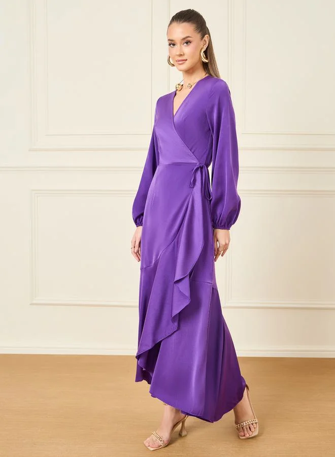 Styli Satin Frill Hem Wrap Maxi Dress