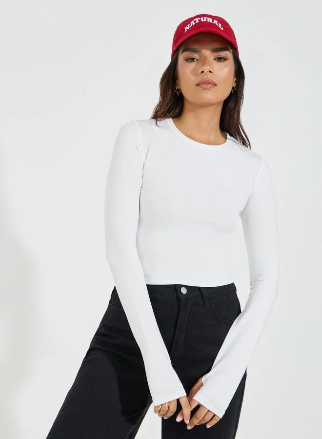 Styli Fitted Round Neck T-Shirt with Thumbhole Sleeves