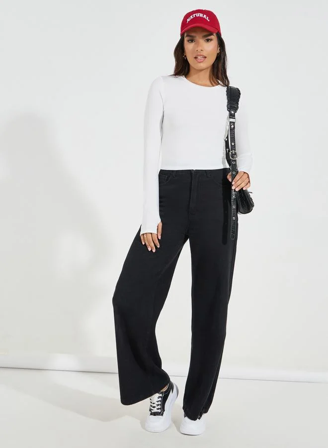 Styli Fitted Round Neck T-Shirt with Thumbhole Sleeves