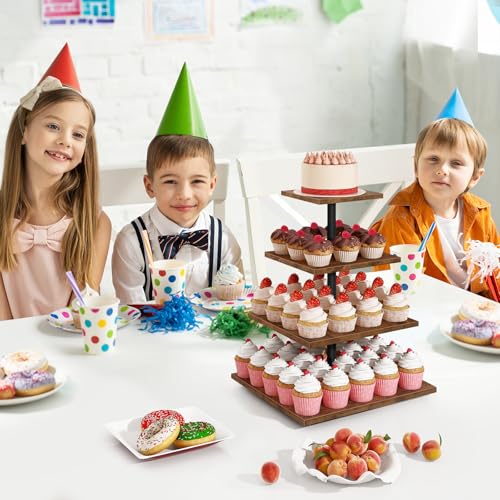 ELITEROO 4 Tier Cupcake Stand 360 Rotating Cupcake Stand for 50 Cupcakes Square Tiered Cup Cake Tower Holder Wooden Dessert Display Stands for Party Wedding Graduation Birthday Baby Shower - Image 3