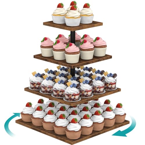 ELITEROO 4 Tier Cupcake Stand 360 Rotating Cupcake Stand for 50 Cupcakes Square Tiered Cup Cake Tower Holder Wooden Dessert Display Stands for Party Wedding Graduation Birthday Baby Shower - Image 1