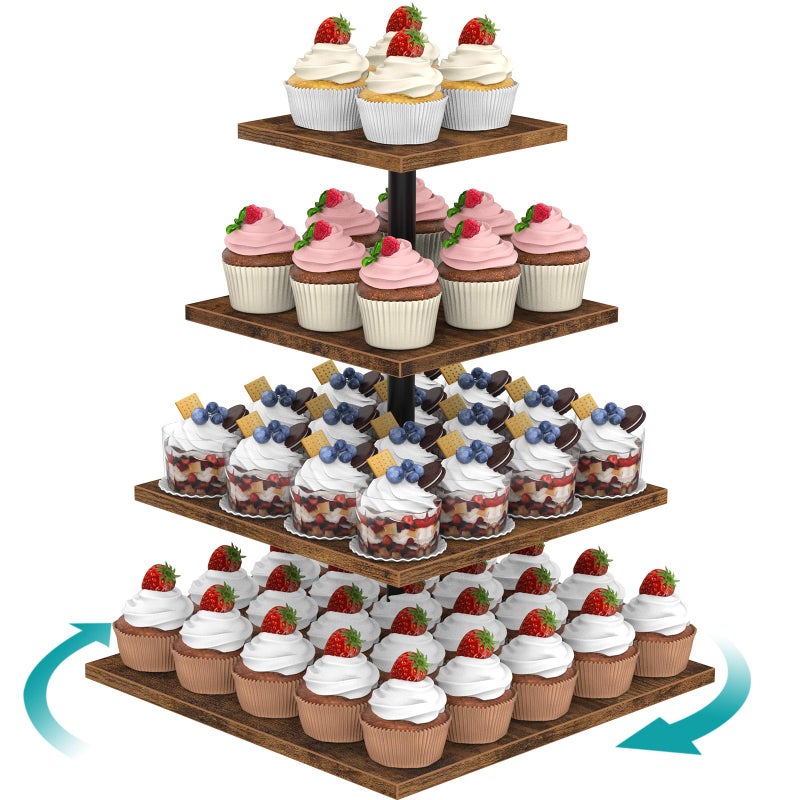 ELITEROO 4 Tier Cupcake Stand 360 Rotating Cupcake Stand for 50 Cupcakes Square Tiered Cup Cake Tower Holder Wooden Dessert Display Stands for Party Wedding Graduation Birthday Baby Shower - Image 2
