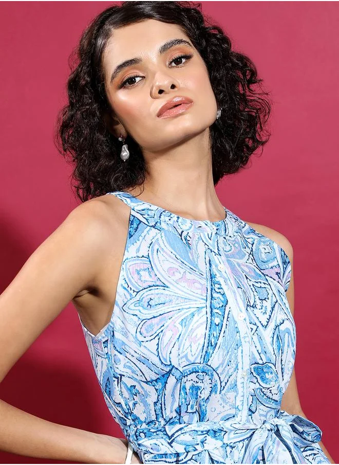 فيشود Vishudh All-Over Printed Halter Neck Sheath Midi Dress with Belt