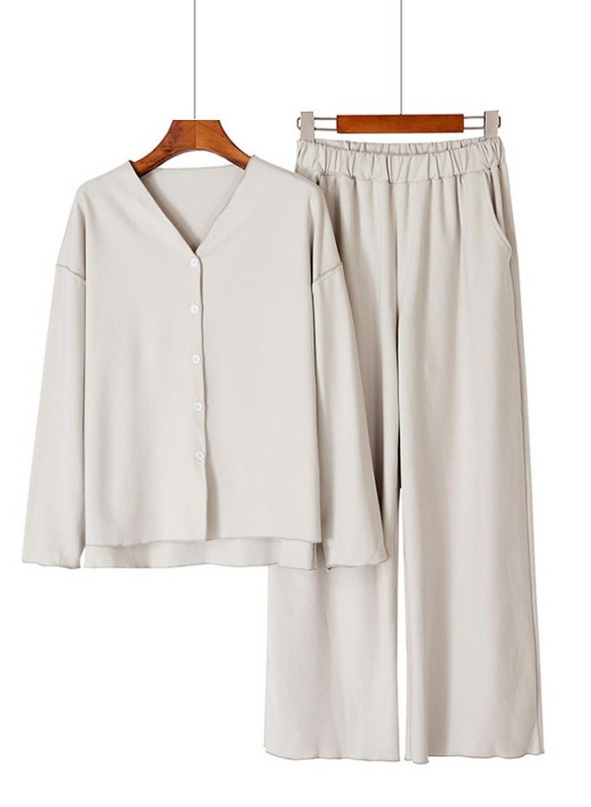 Loquat Women's Solid Color 2-Piece Set Loose Nightgown Sleepwear Long Sleeve V-Neck Top And Pants Soft Loungewear Wear Warm Pajamas Suit Pale Grey 