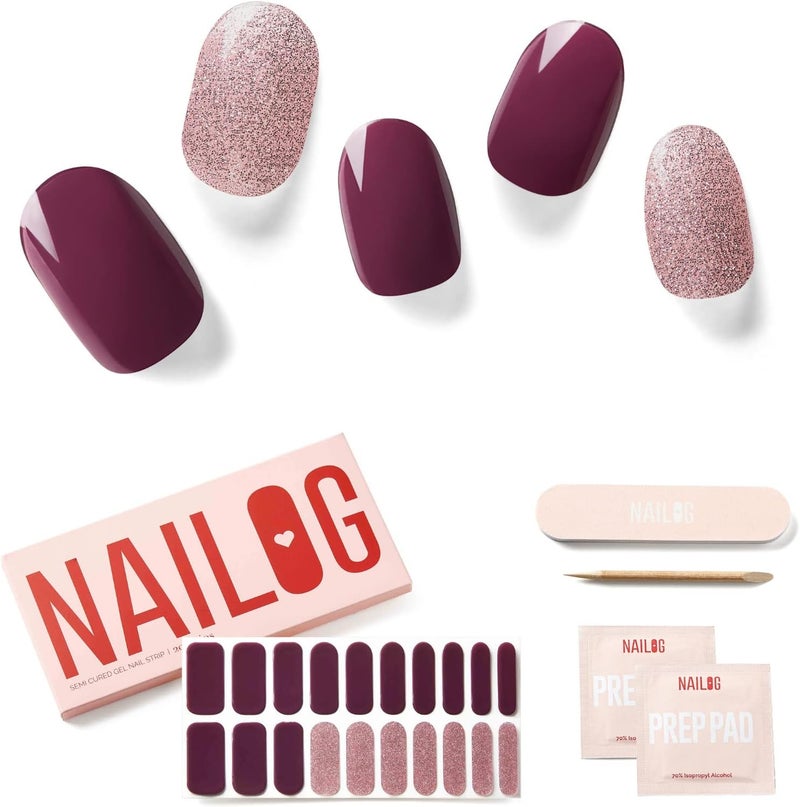 NAILOG Semi Cured Gel Nail Strips 20 Extra Long Stickers Glossy Long Lasting Soft Gel Finish Wrap Long Night