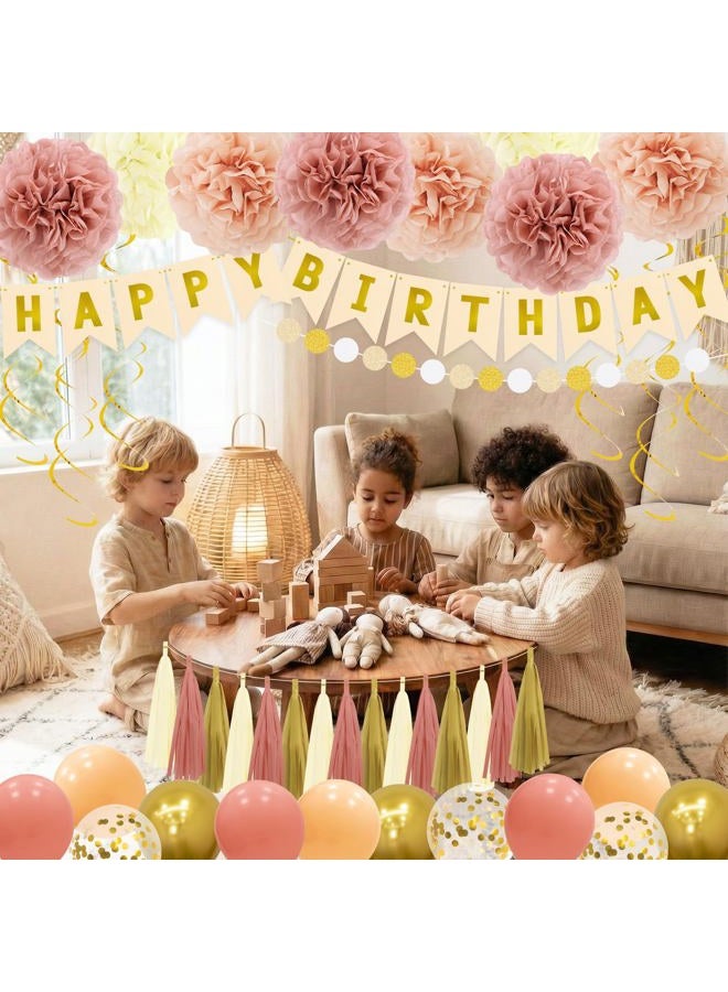 PatiCool Birthday Decorations Kit - Boho Happy Birthday Banner with Tissue Flower Pom, 12 inch Balloons,Tassel Garland,Hanging Swirls Streamers for Boho Neutral Retro Themed Party Decor Girls Women - Image 3
