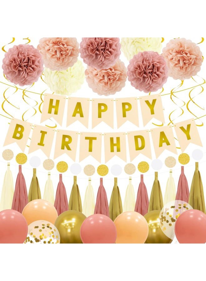 PatiCool Birthday Decorations Kit - Boho Happy Birthday Banner with Tissue Flower Pom, 12 inch Balloons,Tassel Garland,Hanging Swirls Streamers for Boho Neutral Retro Themed Party Decor Girls Women - Image 1