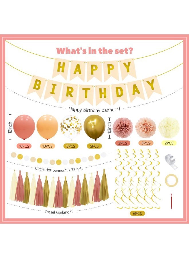 PatiCool Birthday Decorations Kit - Boho Happy Birthday Banner with Tissue Flower Pom, 12 inch Balloons,Tassel Garland,Hanging Swirls Streamers for Boho Neutral Retro Themed Party Decor Girls Women - Image 2