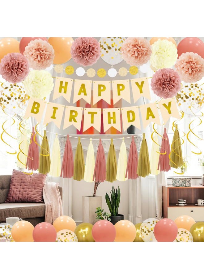 PatiCool Birthday Decorations Kit - Boho Happy Birthday Banner with Tissue Flower Pom, 12 inch Balloons,Tassel Garland,Hanging Swirls Streamers for Boho Neutral Retro Themed Party Decor Girls Women - Image 4