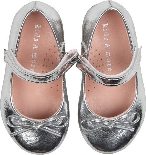Kids A More Jessica Single Velcro Pu Leather Girls Ballerina Shoes Silver  - Image 3