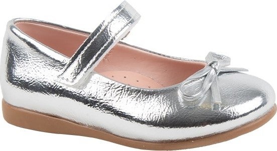 Kids A More Jessica Single Velcro Pu Leather Girls Ballerina Shoes Silver  - Image 1