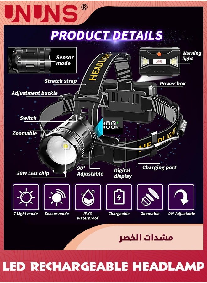 UNUNS Headlamp Rechargeable,160000LM Super Bright Headlamp With Motion Sensor,Waterproof Head Light,Energy Saving,Digital Display,90° Adjustable Hands-Free Headlight For Camping Hiking Hunting Fishing  - Image 2