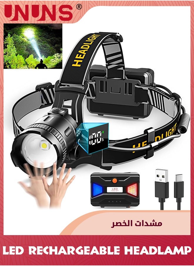 UNUNS Headlamp Rechargeable,160000LM Super Bright Headlamp With Motion Sensor,Waterproof Head Light,Energy Saving,Digital Display,90° Adjustable Hands-Free Headlight For Camping Hiking Hunting Fishing  - Image 1