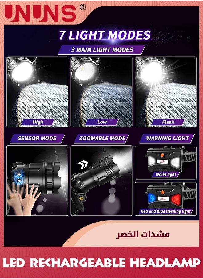 UNUNS Headlamp Rechargeable,160000LM Super Bright Headlamp With Motion Sensor,Waterproof Head Light,Energy Saving,Digital Display,90° Adjustable Hands-Free Headlight For Camping Hiking Hunting Fishing  - Image 3