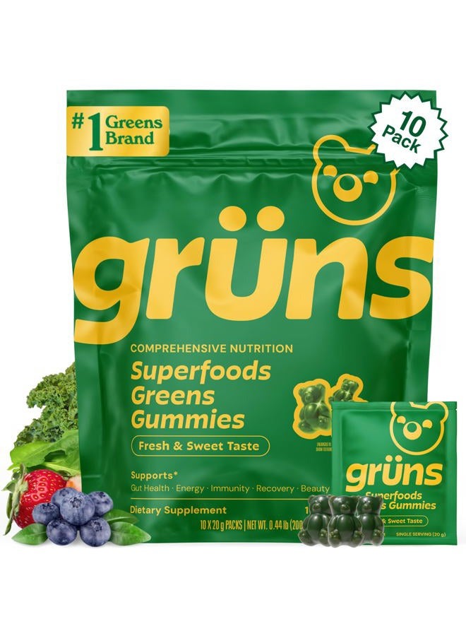 Grüns Super Greens Gummy Bears: Organic Spirulina and Chlorella, Prebiotics for Digestive Health, 20+ Vitamins and Minerals, Adaptogens - 112 Gummies - Image 1