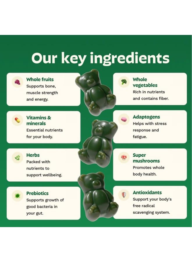 Grüns Super Greens Gummy Bears: Organic Spirulina and Chlorella, Prebiotics for Digestive Health, 20+ Vitamins and Minerals, Adaptogens - 112 Gummies - Image 4