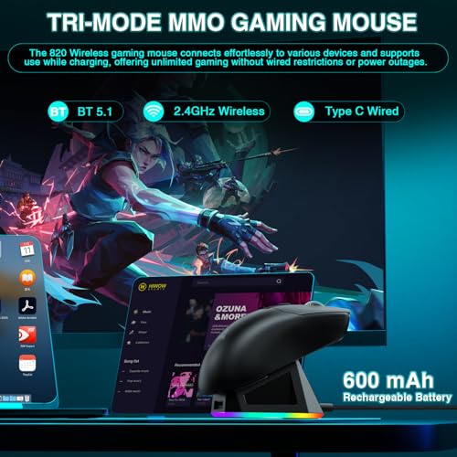 SOLAKAKA SM820 Wireless Gaming Mouse with RGB Charging Dock,24000 DPI Tri-Modes Wireless Mouse with 2 Side Buttons,Programmable Macro Mouse for Gaming(Black) - Image 4