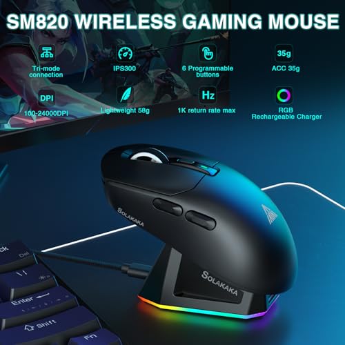 SOLAKAKA SM820 Wireless Gaming Mouse with RGB Charging Dock,24000 DPI Tri-Modes Wireless Mouse with 2 Side Buttons,Programmable Macro Mouse for Gaming(Black) - Image 2