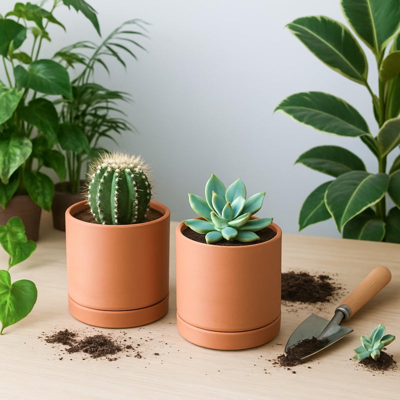 D'vine Dev X-Small 4 Inch Terracotta Plant Pot with Drainage Hole and Saucer, Round Cylinder Planter Pot for Indoor Plants, Set of 2, 40-X-B-1 - Image 2